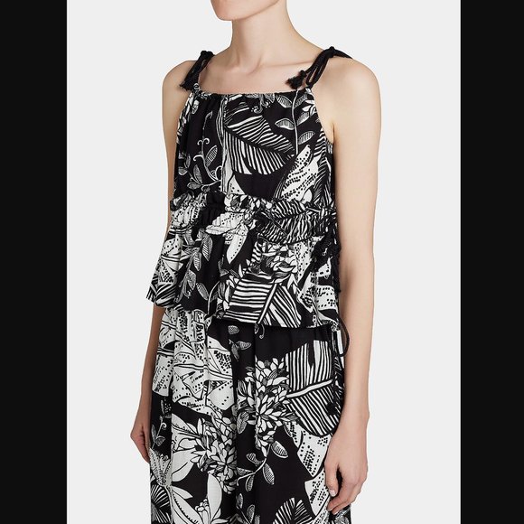 See By Chloe Monochrome Tropical Palm Print Shoulder Tie Ruffle Sleeveless Top - Picture 5 of 6